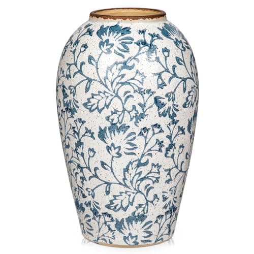 Image of Oairse Ceramic Vase Decorative Flower Vase White and Blue Rustic Vases for Floral Farmhouse Home Kitchen Decoration