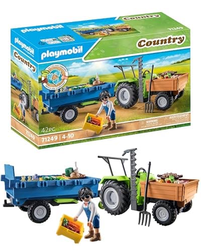 Image of Playmobil Country 71249 Harvester Tractor with Trailer incl. transport boxes, Green tractor for the organic farm, Sustainable toy for children ages 4+