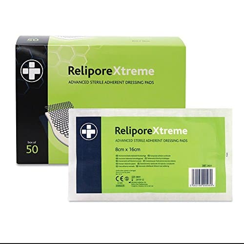 Image of Reliance Medical Sterile Relipore Xtreme Adhesive Dressing Pads for High Exudate Wounds with Unique Absorbency Technology, 16 cm x 8 cm, Box of 50