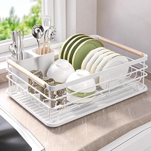 Image of Warmiehomy White Dish Drainer Rack Dish Drying Rack Dish Rack with Removable Drip Tray, Draining Board Rack Sink Drainer Rack with Cutlery Holder for Kitchen Counter, White
