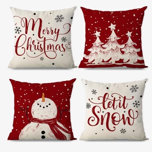 Image of AIBIIN Merry Christmas Pillow Covers Set of 4 45x45cm Linen Xmas Pillowcase Christmas Trees Snowman Snowflake Cushion Covers Living Room Sofa Chair Office Shop Decorations