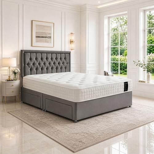 Image of SANA SLEEP Reinforced Double Size Bed Set with Pocket Sprung Orthopaedic Mattress – 4FT6 Grey Linen Divan with Anti-Slip Fabrics and Stylish Headboard – Quality Craftsmanship Made in the UK