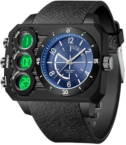 Image of findtime Big Face Watch for Men Square Large Face Cool Mens Watches with Three Time Zone Countdown Alarm LED Stopwatch Unique Cool Wristwatch, Blue, casual