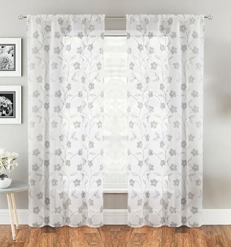Image of Tyrone Textiles Sienna Grey Floral Voile Net Curtain Panel Pair - 55 x 54 Inch (140 x 137cm) - Sheer Semi Transparent Slot Top/Rod Pocket Privacy Drapes