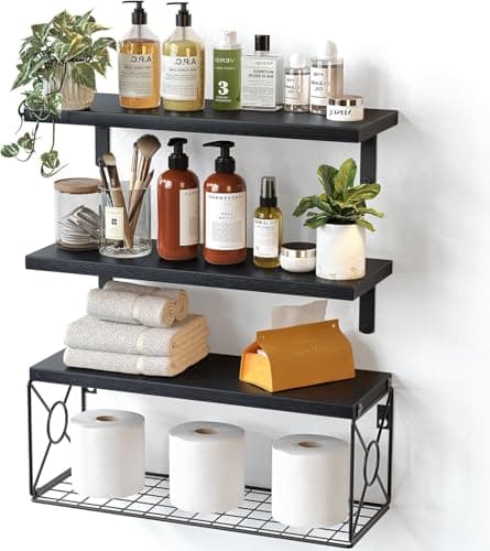Image of Pipishell Floating Shelves with Wire Strorage Basket, Paulownia Wood Floating Shelves for Home Organization & Wall Decor, Bathroom/Kitchen/Living Room/Office Shelves, Set of 3+1, Black