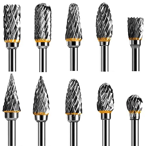 Image of Tungsten Carbide Steel Double Cut Rotary Burrs Set for Rotary Tool, 10pcs 1/8 inches Shank Fits Rotary Tool for Grinder Drill, DIY WoodWorking Carving, Metal Polishing, Engraving, Drilling