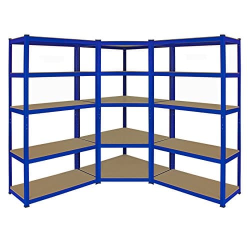 Image of Corner Racking Unit & 2 Garage Shelving Units Extra Wide 5 Tier Heavy Duty T-Rax Storage Rack Steel Utility Metal & MDF Boltless 180 x 90 x 45cm and Rubber Mallet