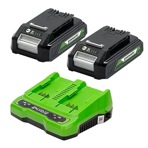 Image of Greenworks 24V Batteries and Dual Slot Charger - Two 2Ah Powerful Lithium-Ion Batteries - Suitable for All 24V Garden and Power Tools - GSK24B2X
