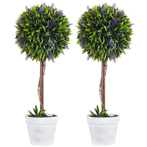 Image of HOMCOM Set of 2 Decorative Artificial Plants Ball Trees with Lavender Flowers in Pot Fake Plants for Home Indoor Outdoor Decor, 60cm, Green