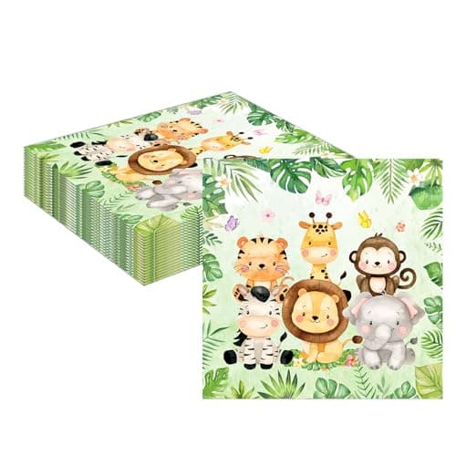 Image of MORAINJAY 40 Pcs Jungle Animals Napkins, Safari Paper Napkins, Lion Elephant Giraffe Serviettes for Wild One 1st Birthday Decorations, Zoo Theme Table Decor, Kids Celebration Supplies