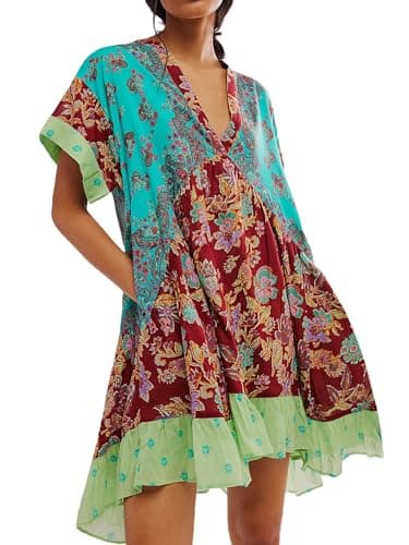 Image of Acrawnni Women Summer Bohemian Floral Mini Dress Boho Floral Print Short Sleeve V-Neck Flowy Dress Babydoll Short Beach Dress with Pockets (A-Lake Blue, L)