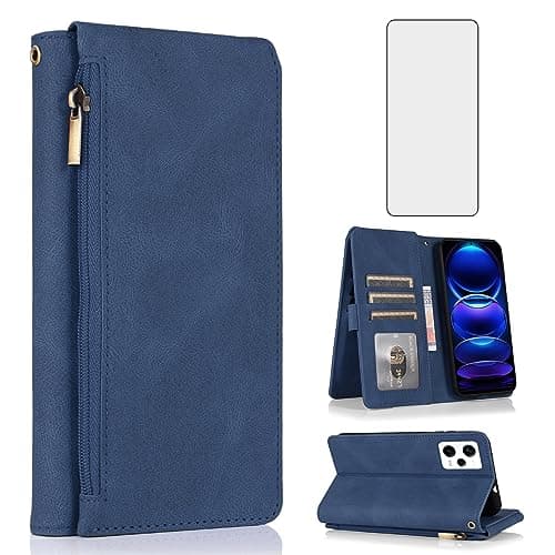 Image of Asuwish Compatible with Xiaomi Redmi Note 12 Pro Plus/Pro+ 5G Wallet Case Tempered Glass Screen Protector Zipper Leather Flip Cover Card Holder Stand Cell for Redmi Note12 Pro+ 5G 2023 Women Men Blue