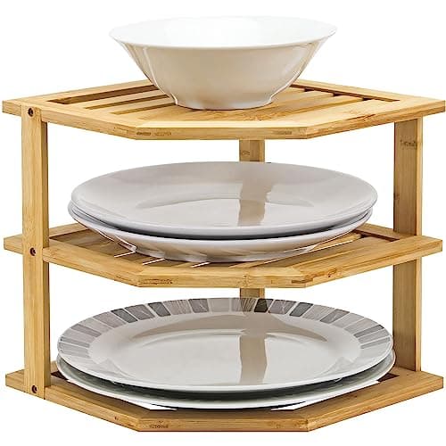 Image of Taylor & Brown Bamboo 3 Tier Corner Shelf Unit Kitchen Plates Rack Tidy Cupboard Organiser Bathroom Desktop - Perfect Space Saving Idea