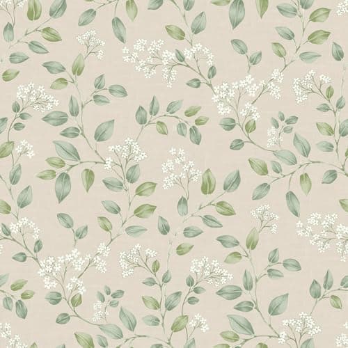 Image of Grandeco Forget Me Not Leaf Trail Smooth Wallpaper, Neutral Green