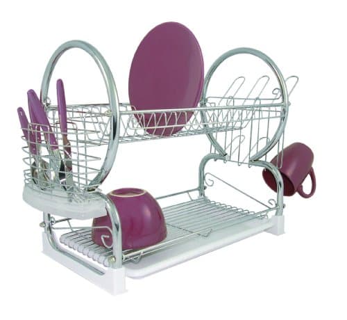 Image of Premier Housewares 2 Tiers Dish Drainer / Dish Rack / Sink Drainer / Draining Rack / Removable Tray / Cutlery Drainer / Cup Holder - White,H39 x W56 x D25cm