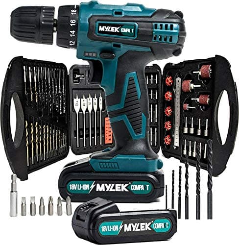 Image of MYLEK 18V Li-ion Cordless Drill Driver Set 131 Piece Combi Accessory Kit - LED Worklight (131 Piece Drill Set & 2 Batteries, Blue)