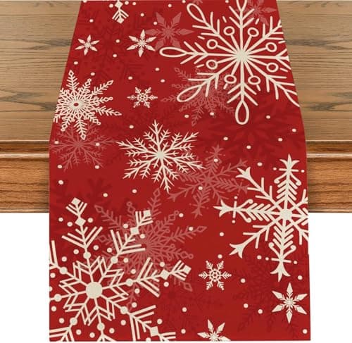 Image of Christmas Table Runner, Red Snowflakes Linen Runner Seasonal Winter Merry Xmas Kitchen Dining Table Decoration for Home Party Decor 40x140 cm
