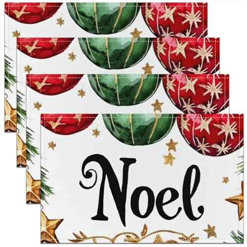 Image of Set of 4 Christmas Placemats for Dining Table,Christmas Chalk Light Place Mats 45x30 cm,Farmhouse Winter Holiday Waterproof Placemats,Baubles Christmas Tree Stars Table Mats No Slip