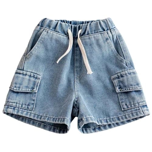 Image of Slxbear Toddler Kids Denim Cargo Shorts Summer Casual Loose Jean Shorts Casual Elastic Waist Comfy Active Athletic Short Pants School Uniform Wide Leg Beach Bottoms Blue 2-3 Years