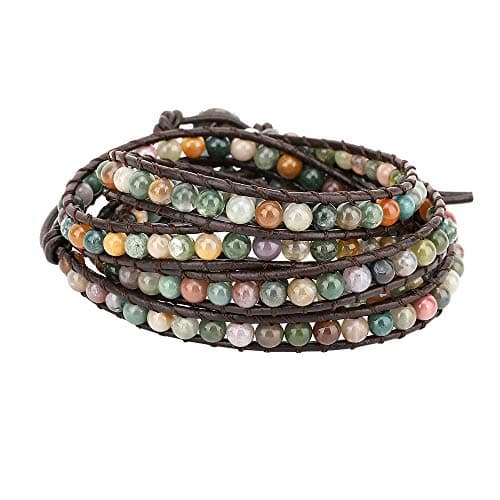 Image of Emibele Leather Bracelet, Agate Bead Wrap Bracelet Handmade Jewelry Wrist Accessory for Women Lady Adult - Green