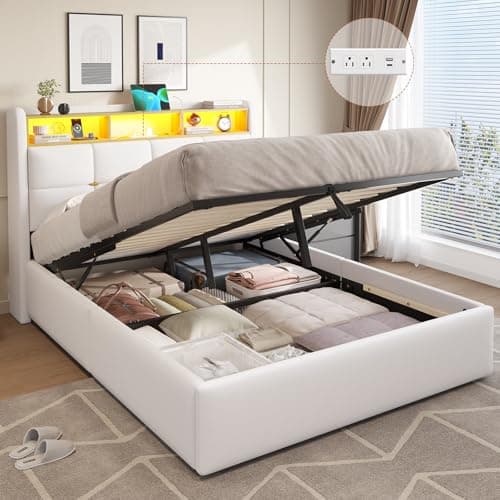 Image of DICTAC Double Bed Frame with Hydraulic Storage,Charging Station and Led Lights 4ft6 Ottoman Upholstered Platform Bed Frame with Storage Headboard,Sturdy Wood Slats,White-135x190 cm(No Mattress)