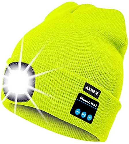 Image of ATNKE LED Lighted Bluetooth Beanie Cap, USB Rechargeable Wireless Musical Running Hat Ultra Bright 4 LED Light Lamp Use for Skiing Hiking Camping Cycling/Fluorescent Yellow