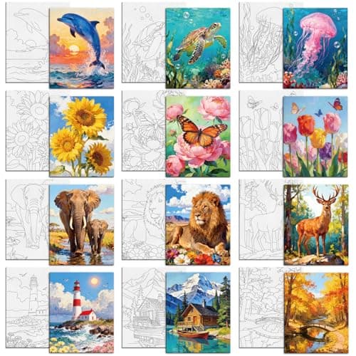 Image of MAYJOYDIY 12 Pcs Marine Life Landscape Pre Drawn Canvas to Painting Dolphin Sunflower Elephant Pre Printed Canvas 25×20cm Lighthouse Jellyfish DIY Paint Art Board for Beginners, Party Favor