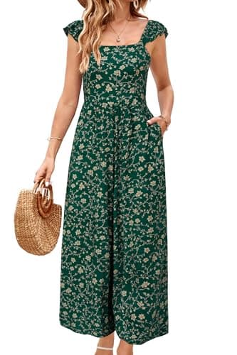 Image of LAISHEN Jumpsuits Women Ruffle Sleevelesss Playsuits Square Neck Smocked Wide Leg Overalls with Pockets (Floral-D,M)