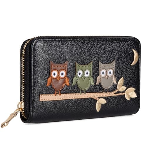 Image of Woodland Leathers Italian Designed Women's Wallets, Card Cases & Money Organisers, Roomy, Super Soft and Fancy Ladies Purse Clutch, Multi Compartment Card Organiser Purse (Owls Black)