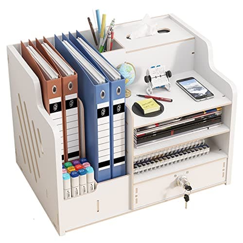 Image of Catekro Desk Organiser Wood, Stationary Organiser with Drawer, Large Capacity Desk Tidy Storage Holder for A4 Papers, Books, Document and Notebook (White)