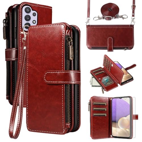 Image of Asuwish Mobile Phone Case for Oppo A53s/A53/A33/A32 2020 Case with Strap Film Protective Film Card Slot Foldable Leather Wallet Stand A 53 53s CPH2135 CPH2127 Protective Zip Phone Case Brown