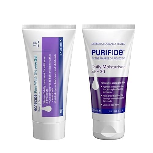 Image of Acnecide + Purifide Wash-Off Skincare Set, with Acnecide Face Wash Gel for Acne Treatment & Spot Treatment with Benzoyl Peroxide (50g) & Purifide SPF 30 Moisturiser (50ml)