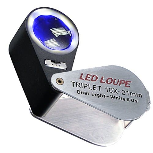 Image of Jewelers Loupe Magnifier, Jewelry Loop Magnifier with Light, Hastings Triplet Loupe 10X for Coin, Gem, Stamp, Diamond etc (White LED & UV Light)
