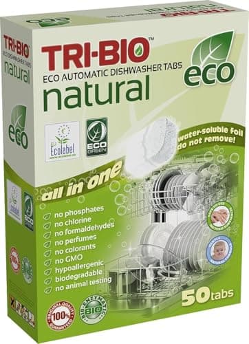 Image of TRI-BIO Natural Eco Friendly Dishwasher Detergent Tablets, Plant-Based and Biodegradable, Vegan and Cruelty-Free, No Odor, Plastic-free, Septic Safe, 50 Tabs
