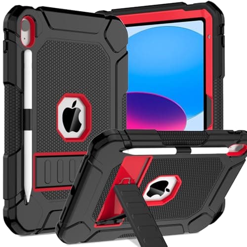 Image of TOPWANT Case for iPad (A16) 11th/10th Generation (11/10.9 inch) 2025/2022, Heavy Duty Shockproof Rugged Protective iPad 11th/10th Generation Case with Kickstand & Pencil Holder, Black+Red