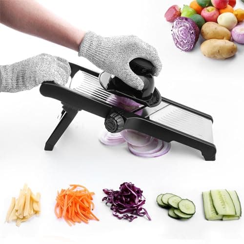 Image of Adjustable Mandoline Slicer, Professional Stainless Steel Food Vegetable Chopper Multi Functional Kitchen Mandolines Julienne Cutter for Potato Cabbage Onion Fruits, with Gloves and Cleaning Brush