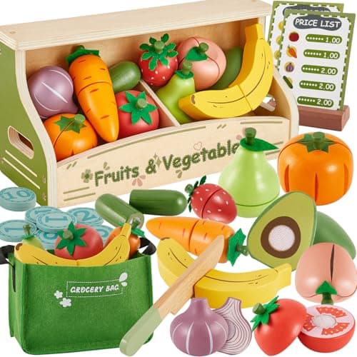 Image of BUYGER Wooden Cutting Play Food Sets for Kids Kitchen with Counter, Fruit and Vegetables Toys Pretend Kitchen Food Accessories for Kids Boys and Girls 18+ Months 2 3 4 Years Old