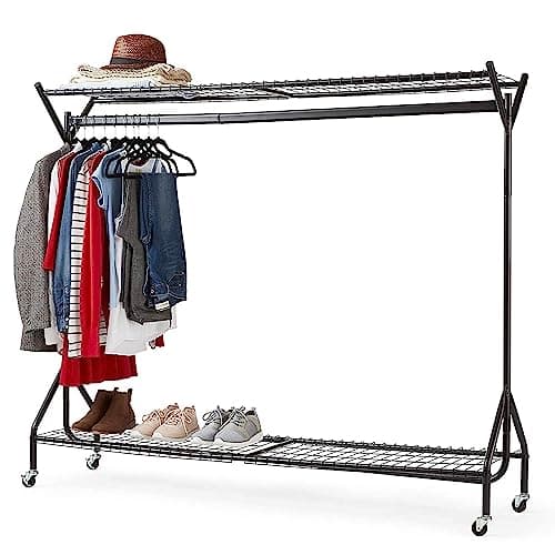 Image of House of Home Clothes Rail Heavy Duty with Wheels Metal Wardrobe Rails For Hanging Clothing & Double Rack Shelves Storage & Organiser for Shirts, Coats, Hat & Shoes 6ft x 5ft Portable Black