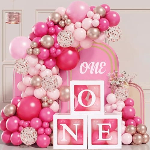 Image of 1st Birthday Decorations for Girls - 3pcs One Balloon Boxes with 104pcs Pink Balloon Arch Kit, Baby Pink Balloon One Boxes for 1st Birthday Princess, First Birthday Decorations Baby Girls 1 Year Old