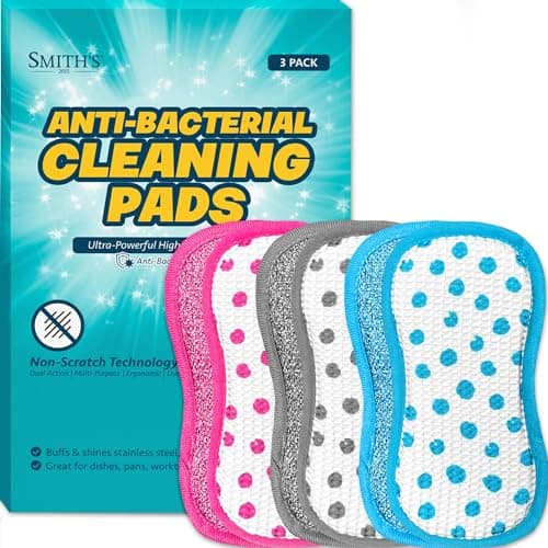Image of Anti-Bacterial Cleaning Pads by Smith’s® | 3 Pack | Dual-Sided Dish & Multi-Surface Cloth | For Home, Kitchen, Bathroom | Reusable | Non-Scratch | Long Lasting
