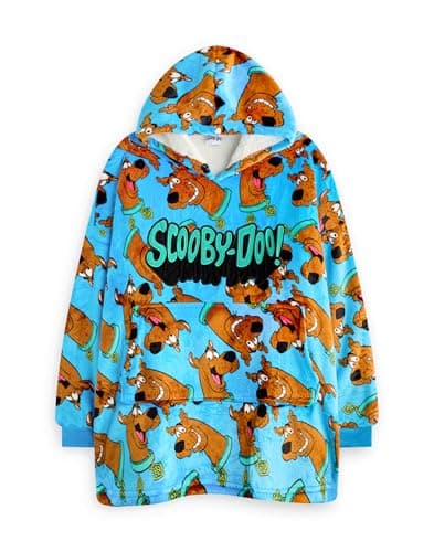 Image of Scooby-Doo! Boys Wearable Blanket Hoodie | Kids Hooded Fleece Pullover in Blue Character All Over Print | Sherpa Lined Loungewear with Pockets | Animated Cartoon Series Merchandise Gift