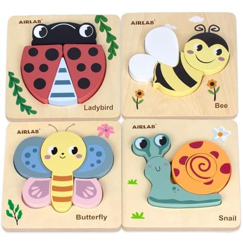 Image of Airlab Wooden Jigsaw Puzzle for Kids, Garden Animals Chunky Shape Puzzles for Toddlers Over 1 2 3 Year Olds, Baby Montessori Preschool Educational Learning Toys for Girls Boys, Children Handmade Toys