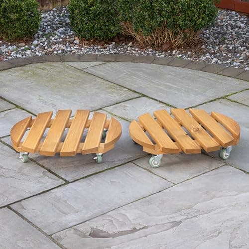 Image of Samuel ALEXANDER Pack of 2 Handcrafted Heavy Duty Round Traditional Wood Garden Patio Plant Flower Pot Stand Caddy Trolley on Strong Metal Castor Wheels 40cm