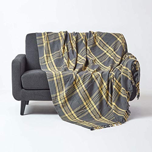 Image of HOMESCAPES Medium Grey & Yellow Tartan Throw 60 x 80 Inches or 152cm x 203cm, 100% Cotton Sofa throw for Most 2 Seater Settees and Sofas