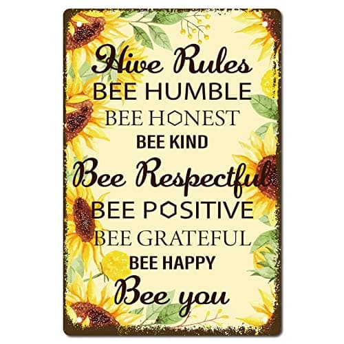 Image of CREATCABIN Hive Rules Bee Happy Metal Tin Sign Retro Vintage Funny Wall Decor Art Mural Hanging Iron Painting for Home Garden Bar Pub Kitchen Living Room Office Garage Poster Plaque 8 x 12 Inch