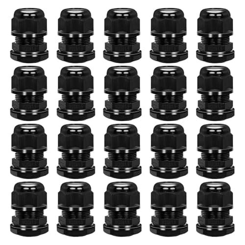 Image of 20 Pack M20 Cable Gland IP68 Waterproof Black – Suitable for 6–12mm Cables, Plastic Nylon Compression Cable Connectors with Locknut & Washer for Use in Various Electrical Setups