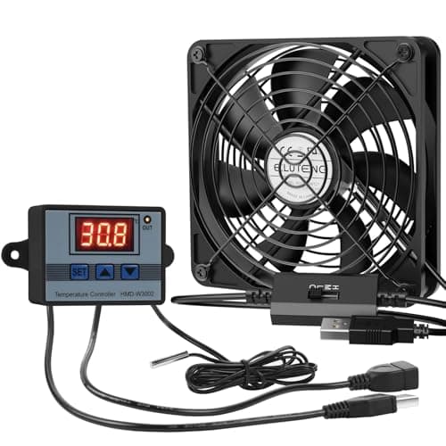 Image of ELUTENG USB Fan 120mm with Digital Temperature Controller, PC Fan 1500RPM 3 Adjustable Speeds with Metal Grill for Laptop/TV Box/AV Cabinet/PS5/Router