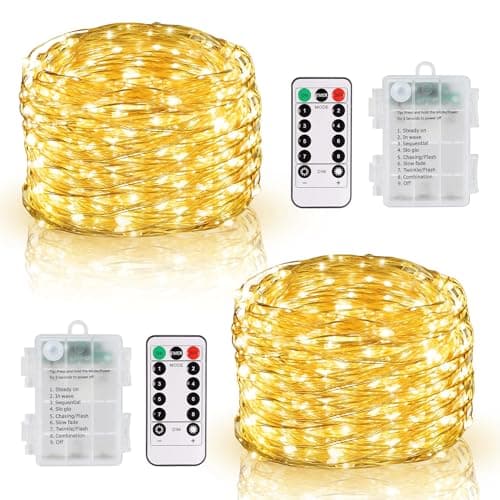 Image of DBFAIRY 2 Pack Fairy Lights Battery Operated with Remote Control, 10M 100 LED Twinkle Lights Waterproof Silver Wire String Lights 8 Modes Dimmable for Bedroom Party Decoration (Warm White)