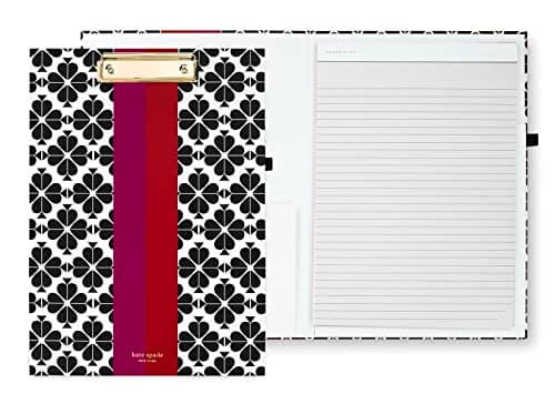 Image of Kate Spade New York A4 Clipboard Folio with Low Profile Clip, Professional Padfolio Includes Lined Notepad, Pen Loop, and Pocket, Black Spade Flower