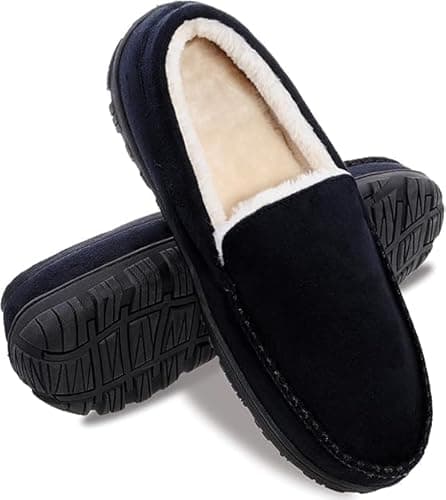 Image of MIXIN Moccasins for Men House Slippers Indoor Outdoor Plush Mens Bedroom Shoes with Hard Sole Black Size 8